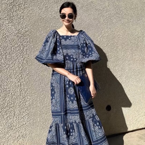 Korean chic summer retro lazy style square collar ethnic style printed loose casual puff sleeve dress long skirt