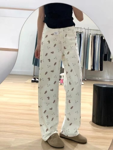 Sweet and Spicy Bear Printed Straight Jeans for Women 2024 New High Waist Loose Slim Versatile Wide Leg Long Pants Trendy