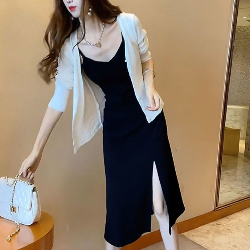 Summer new suit for women 2024 Internet celebrity fashion casual slit suspender dress + sun protection cardigan two-piece set