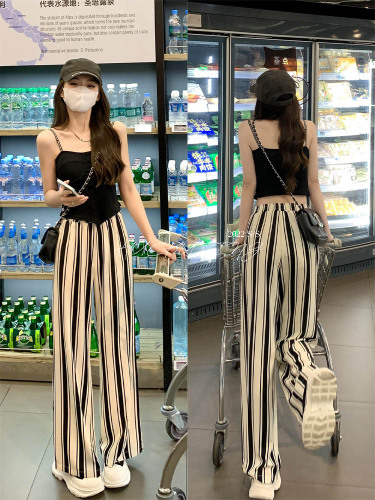 Black and white striped straight casual pants for women summer new high-waist slim thin loose wide-leg pants
