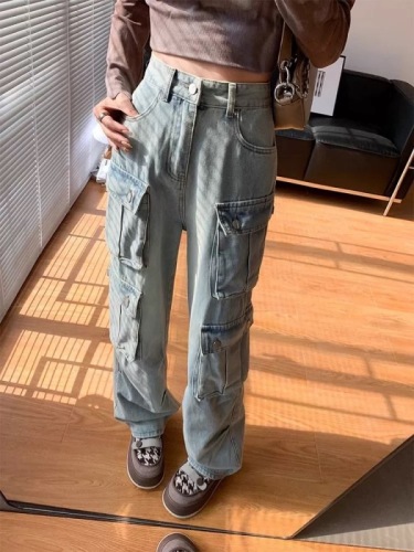 Factory stuff!  The quality is so good~ American retro multi-pocket denim overalls for women, street style wide-leg pants