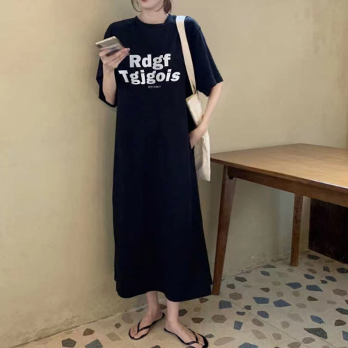 Summer new Korean fashion T-shirt women's printed slit dress loose plus size women's clothing