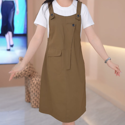 Official picture original quality large size women's clothing with good fit, high-end solid color and non-bleeding fake two-piece dress