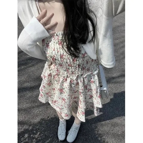 Suit women's 2024 summer new style sweet waist floral dress A-line skirt knitted cardigan top two-piece set