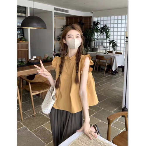 2024 new Korean version of the unique high-end French style French fungus-edged flying sleeves belly-covering top for small people