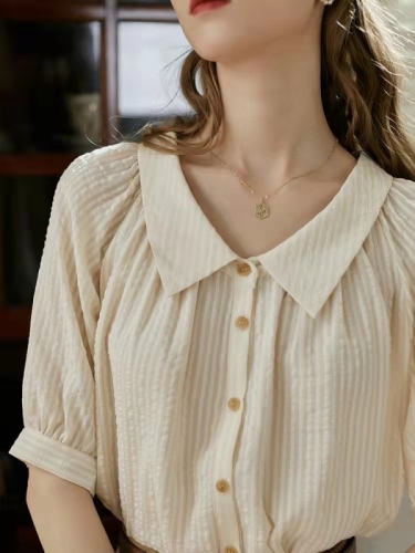 Dark texture striped shirt for women summer  new style French retro puff sleeve clavicle top