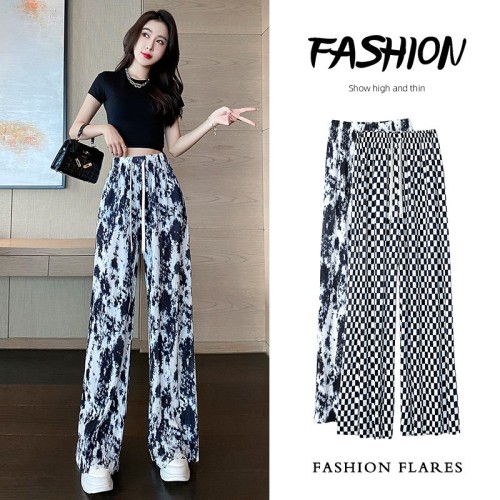 Ice silk threaded flower pants for women in summer thin new style drapey and cool air-conditioned wide leg pants