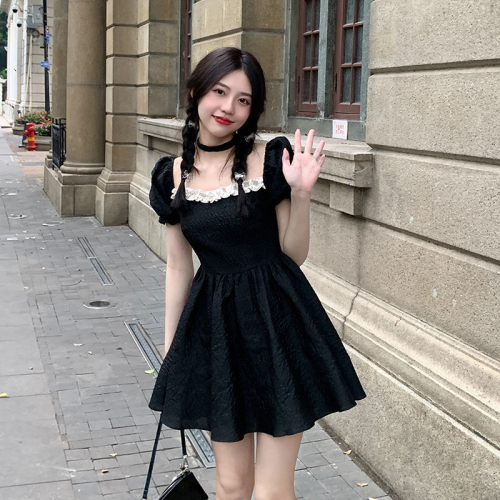 Vacation photoshoot French backless bow skirt square neck puff sleeve dress waist small puff skirt