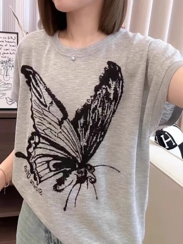 灰色蝴蝶图案短袖T恤女2024夏季新款休闲宽松洋气冰丝针织上衣潮