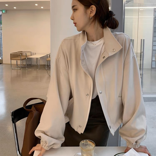 2024 New Spring and Autumn Thin Solid Color Short Jacket Feminine Lazy Style Loose Casual Stand Collar Jacket Top