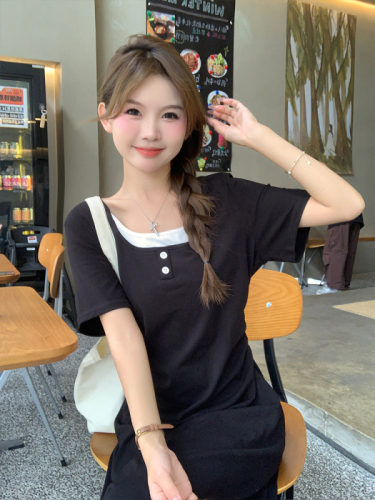 Actual shot Korean age-reducing holiday two-piece short-sleeved dress for women summer new slimming waist long skirt