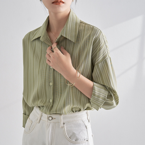 Striped shirt women's long-sleeved early autumn new green commuter OL temperament top loose anti-wrinkle shirt