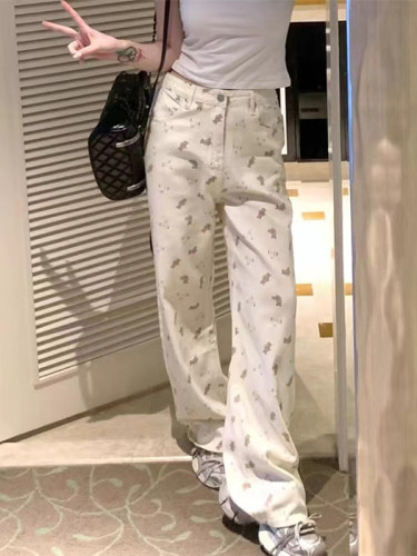 Sweet and Spicy Bear Printed Straight Jeans for Women 2024 New High Waist Loose Slim Versatile Wide Leg Long Pants Trendy