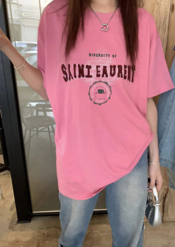 Real shot of raspberry pink Zhizhi T-shirt oversize loose and versatile design printed top