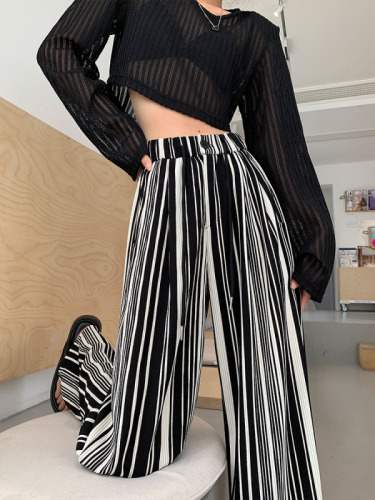 Ice silk wide-leg trousers for women's summer thin style new high-waisted loose black and white striped casual floor-length trousers