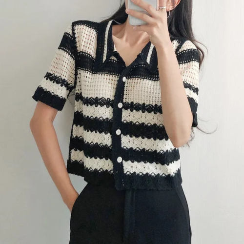 Striped knitted T-shirt women's summer Polo collar short-sleeved right-shoulder shirt petite top