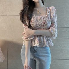French-style elegant stand-up collar top, gentle and sweet short-sleeved floral chiffon shirt with a fairy-like design, unique and niche.