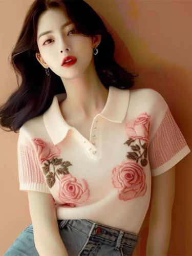粉色玫瑰印花针织短袖女t恤夏季甜美气质上衣别致绝美独特polo衫
