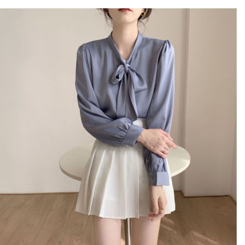 White shirt long-sleeved bow top for women autumn new temperament design niche shirt