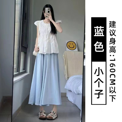 Official photo of summer culottes for women, thin, small, loose, pleated A-line skirt, cotton and linen high-waist drapey wide-leg pants