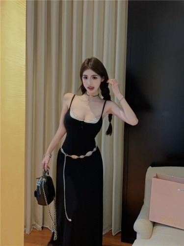 Real shot of fake two-piece black suspender summer waist slimming long skirt slim long skirt