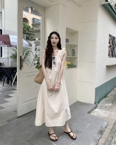 Actual shot~French holiday style petal sleeve age-reducing sleeveless long dress with gentle temperament