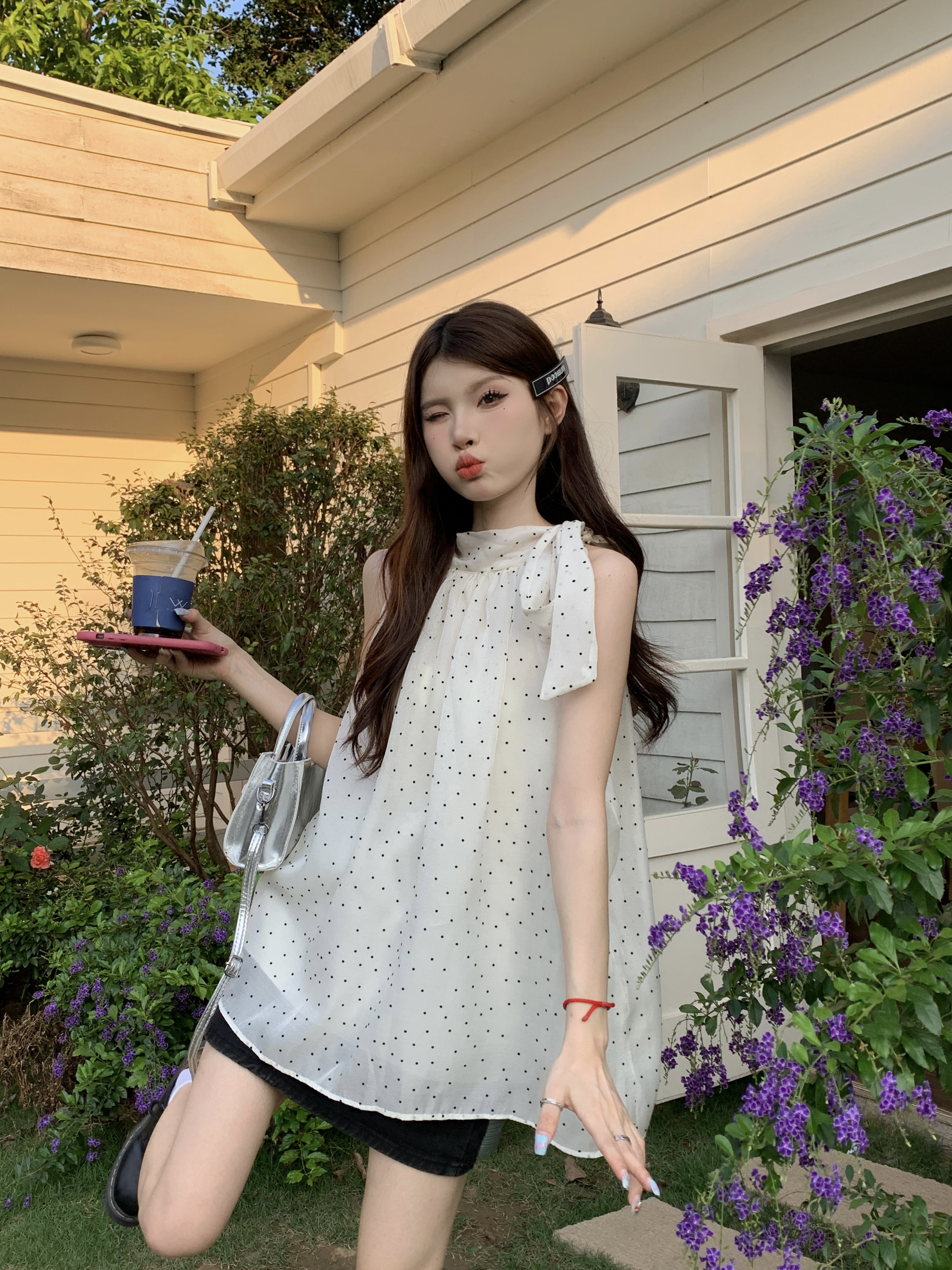 Real shot design bow halter neck sleeveless vest women's summer niche loose outer wear polka dot top