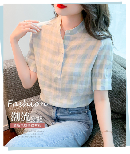 Plaid round neck women's summer design niche French high-end sweet and age-reducing short chiffon top