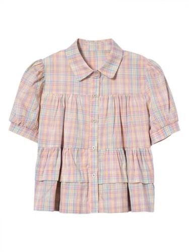 2024 Korean version of the new summer petite sweet niche puff sleeves sweet loose doll collar plaid shirt