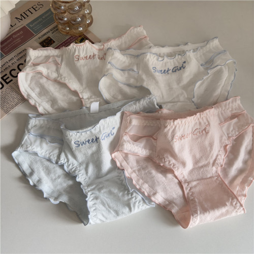 Real shot~Korean version of girl's sweet mesh contrasting letters pure cotton mid-waist women's sexy briefs