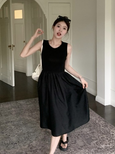 Actual shot ~ Summer new Korean style round neck sleeveless black high waist splicing temperament vest dress
