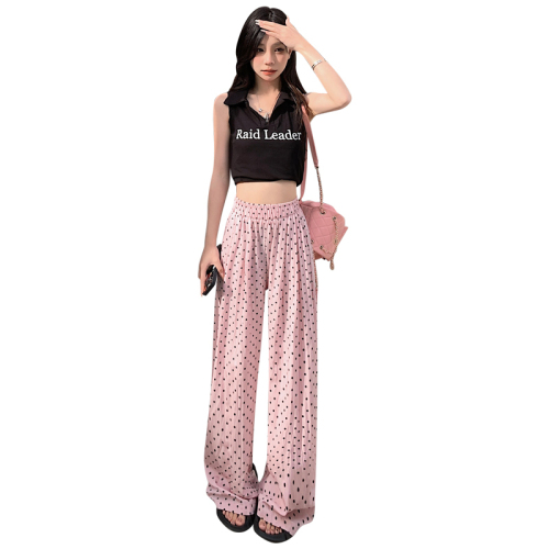 Actual shot of new summer high-waisted loose casual pants for women with wide legs and drapey polka-dot Yamamoto pants