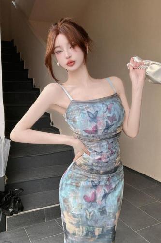Real shot of summer pure lust butterfly print suspender dress hot girl retro sexy seaside vacation long dress