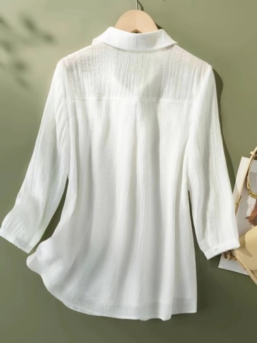 Tencel spliced ​​white shirt women's summer new mid-sleeve design niche top