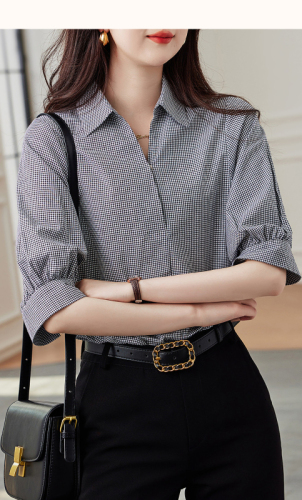 Retro short-sleeved shirt women's new lapel commuting temperament age-reducing top small shirt plaid