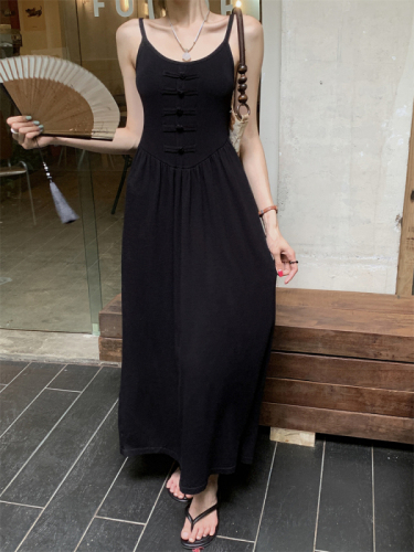 Actual shot ~ Spring and summer new style ~ New Chinese style buckle suspender dress for women, gentle waist, heavy industry long skirt