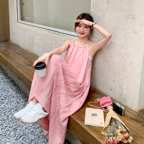 Pink suspender long skirt women's summer new seaside vacation beach dress halter neck design niche skirt