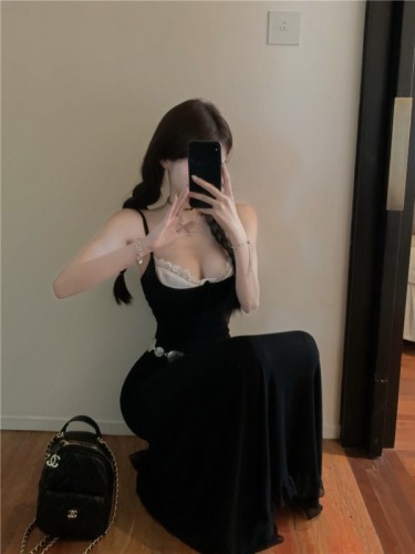 Real shot of fake two-piece black suspender summer waist slimming long skirt slim long skirt