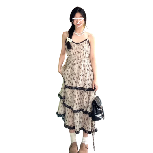 French sweet outfit lace splicing cake skirt summer niche slimming long floral suspender dress