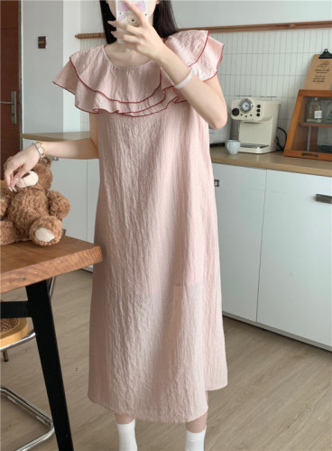 Actual shot of Korean style small fresh loose sweet ruffled light and comfortable outer wear home wear pajama dress