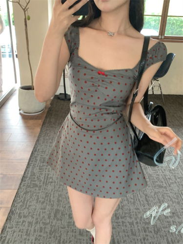 Real shot of sweet and girly polka-dot sleeveless waist slimming short dress for women