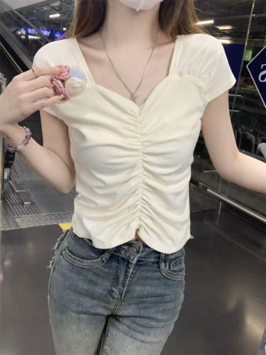 Real shot of summer design three-dimensional flower pleated slim-fitting short-sleeved T-shirt for women