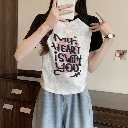 Actual shot of 2024 summer new style fat mm plus size women's contrasting color cartoon letter printed raglan short-sleeved T-shirt