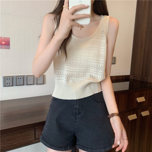 French hollow short sleeveless top summer camisole women's inner layering shirt loose lazy style outer wear