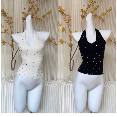 Versatile design 2024 new sweet hottie V-neck heavy industry diamond halterneck backless suspender sleeveless top for women