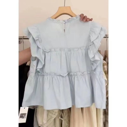 Official Photo 2024 French Sweet Blue Ruffle Sleeve Slim and Chic Babydoll Short Top