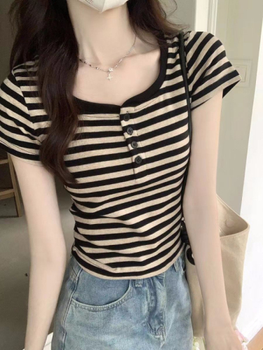 Original yarn-dyed fabric 250g, right shoulder striped short-sleeved T-shirt for women, summer half-open collar slim fit top