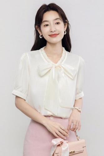 实拍法式小众蝴蝶结短袖衬衣2024夏新款温柔甜美飘带衬衫