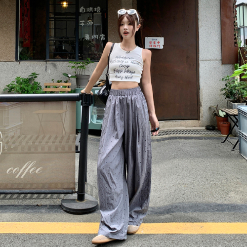 Actual shot of retro polka-dot loose wide-leg pants, ice silk thin style, lazy style straight casual floor-length pants for women, new style