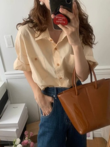 Summer new blue short-sleeved shirt for women with niche design, loose off-shoulder short-sleeved shirt, retro temperament